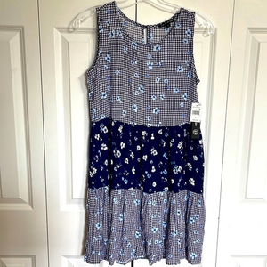 AS U WISH Women's S Navy‎ Blue White Gingham Floral Tiered Dress Sleeveless